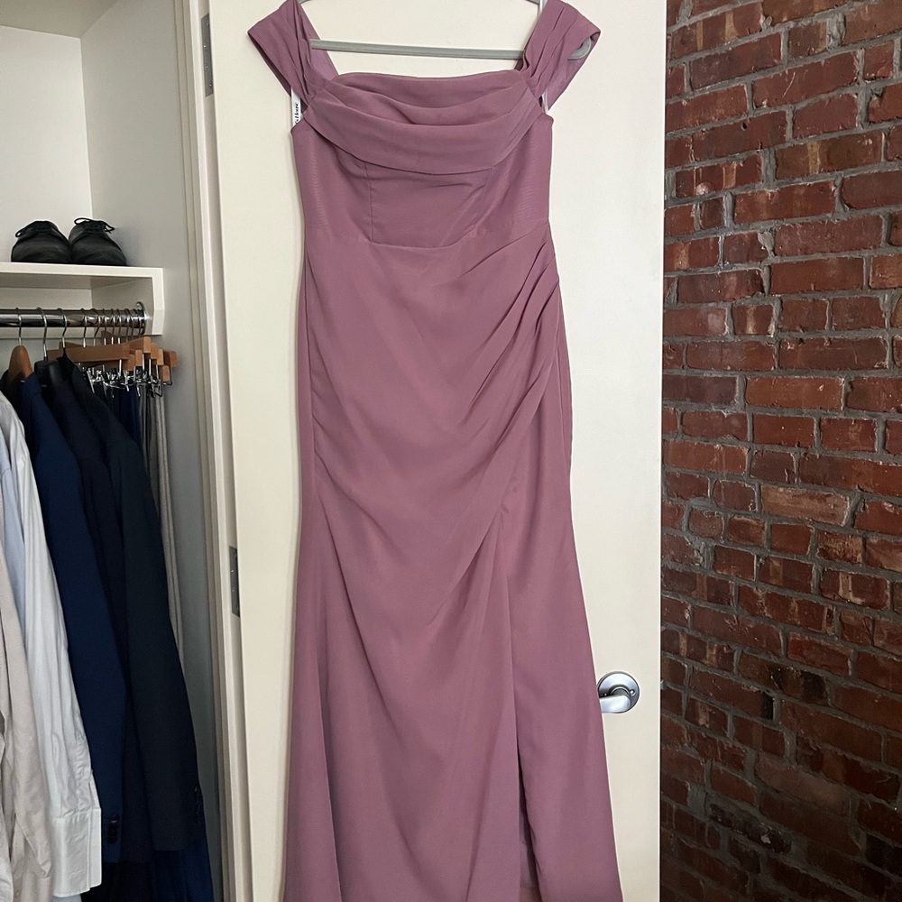 JJs House Purple Ruched Slit Gown for Prom